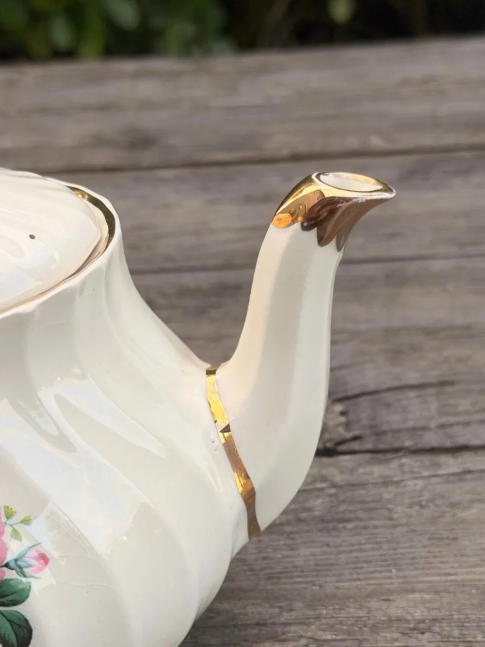 Vintage James Sadler Teapot Cabbage Rose Floral England Gold Trim Garden